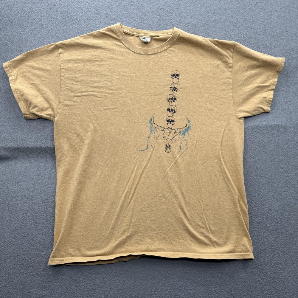 Flavors Shirt Mens XL Beige Skull Stack Bull Horns Graphic Tee Tagless Casual